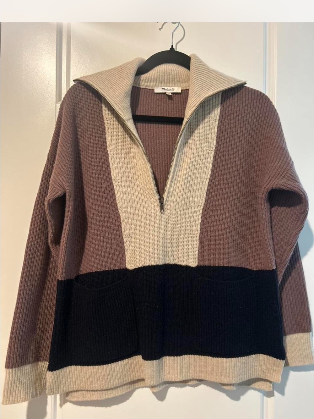 Madewell Colorblock Half-Zip Cowl Sweater - Taupe, Cream & Black